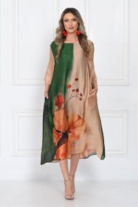 Rochie A-line din satin cu imprimeu floral in nuante de verde, bej si caramel - 1