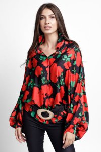 Camasa oversize din satin cu maneci bufante si imprimeu floral rosu pe fond negru - 1