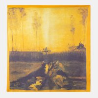 Esarfa patrata 70 x 70 cm, cu imprimeu inspirat din reproduceri celebre, in nuante de portocaliu si maro - 1