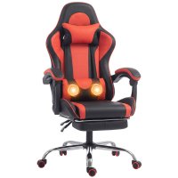 Scaun gaming ergonomic HOMCOM cu masaj, suport lombar reglabil si suport pentru picioare, rosu si negru - 1
