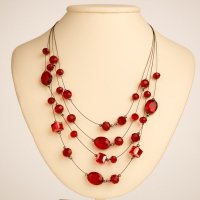 Set bijuterii cu colier multi-sir si cercei asortati cu cristale rosii - 1