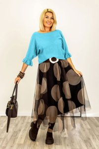 Pulover albastru azur cu maneci scurte si volane la mansete - 1