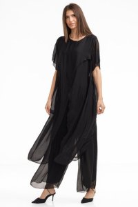 Compleu elegant cu pantaloni drepti si bluza din matase si vascoza, negru - 1