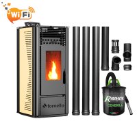 Pachet Incalzire Semineu Pe Peleti Fornello SOPHIA WI-FI 11 kW cu Aspirator si Kit Evacuare 3,5m, Telecomanda, Culoare Ivory - 1