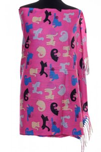 Esarfa din casmir cu imprimeu de pisicute pe fond fucsia - 1