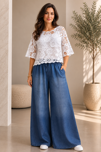 Pantaloni Palazzo Albastri din Tencel cu Talie Elastica - 1