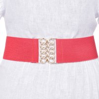Curea elastica rosie de 6 cm cu catarama metalica aurie in forma de opturi - 1