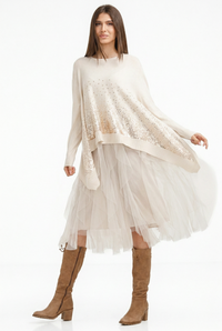 Rochie din tulle plisat cu pulover oversize cu paiete, bej - 1