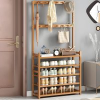 Cuier din Bambus cu Suport pentru Pantofi si Carlige Multiple, 176x80x23cm, Stil Japonez - 1
