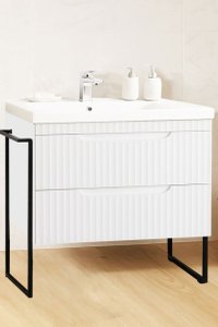 Baza front MDF cu Lavoar seria 733, cadru metalic, 80 cm, alb rustic - 1