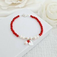 Bratara Vitalitate - Iubire margaritara - Perle, bilute 2.5 mm si charm inima din Argint 925 - Pietre semipretioase Coral - Inchizatoare carabina cu prelungire - 1