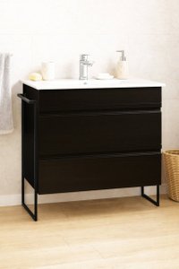Baza front MDF cu Lavoar 086, cadru metalic, 80 cm, negru, cu sertare - 1