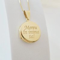 Lantisor cu medalion rotund 18 mm cu poza in interior - Gravura personalizata - Argint 925 placat cu Aur Galben 18K - 1