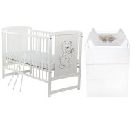 Set mobilier pentru copii BabyNeeds: Patut din lemn de pin si MDF, Saltea cocos-burete-cocos, 12 cm + Comoda cu masuta de infasat, Alb - 1