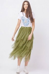 Fusta lunga din tulle in straturi inegale, verde oliv - 1