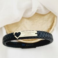 Bratara barbateasca - Inima si placuta personalizata - Aur Galben 9K - Piele lata impletita cu inchizatoare inox - 1