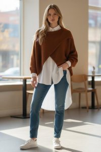 Pulover asimetric tip poncho cu lana, caramiziu, maneci fluture - 1
