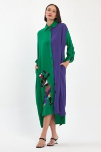 Rochie camasa oversize din vascoza, verde-mov, cu broderie cu silueta unei fete africane - 1