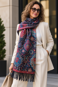 Esarfa din lana si vascoza cu imprimeu floral oriental in nuante de turcoaz si rosu pe fond bleumarin - 1