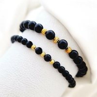 Set 2 bratari din pietre Onix - Bilute din Argint 925 placate cu Aur galben 18K - Snur elastic - 1