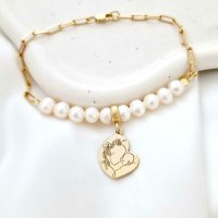 Bratara Perlele Iubirii Materne - Model cu lant zale dreptunghiulare, charm inima si perle - Argint 925 placat cu Aur galben 18K - 1