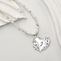 Colier Buchet din Inima - Personalizat cu Initiala - Lant combinat cu Perle Bambus & Bilute - Argint 925 - 1