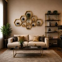 Set 9 Rafturi Hexagonale pentru Perete - Culoare Aurie, Homs, Model Seia A620, Lemn Natural - 1
