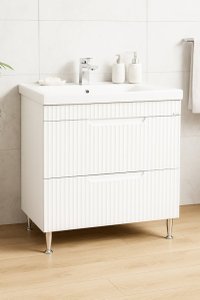 Baza frontala MDF cu Lavoar seria 733, 80 cm, alb rustic, cu sertare - 1
