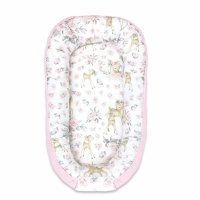 Baby nest MimiNu Sweet Deer Pink, reglabil, cu saltea detasabila, bumbac si catifea, 105 x 66 cm - 1