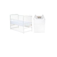 Set mobilier pentru copii Qmini: Patut din lemn de pin cu roti, laterala culisanta, somiera reglabila, Saltea cocos-burete-cocos, Comoda cu masuta, Alb - 1