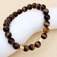 Bratara pietre semipretioase Ochi de tigru de 8 mm - doi cilindrii din Argint 925 placat cu Aur Galben - Snur elastic - 1