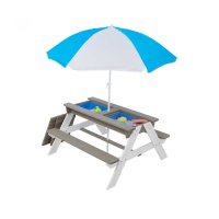 Set masuta de gradina si bancute pentru copii Ginger Home GriAlb 3in1 din lemn, Umbrela cu protectie UV si inaltime ajustabila, Masuta cu spatiu de depozitare - 1