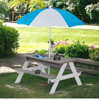 Set masuta de gradina si bancute pentru copii Ginger Home GriAlb 3in1 din lemn, Umbrela cu protectie UV si inaltime ajustabila, Masuta cu spatiu de depozitare - 3