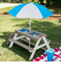 Set masuta de gradina si bancute pentru copii Ginger Home GriAlb 3in1 din lemn, Umbrela cu protectie UV si inaltime ajustabila, Masuta cu spatiu de depozitare - 4