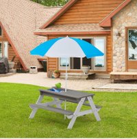 Set masuta de gradina si bancute pentru copii Ginger Home GriAlb 3in1 din lemn, Umbrela cu protectie UV si inaltime ajustabila, Masuta cu spatiu de depozitare - 5