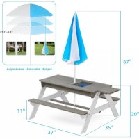 Set masuta de gradina si bancute pentru copii Ginger Home GriAlb 3in1 din lemn, Umbrela cu protectie UV si inaltime ajustabila, Masuta cu spatiu de depozitare - 6