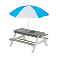 Set masuta de gradina si bancute pentru copii Ginger Home GriAlb 3in1 din lemn, Umbrela cu protectie UV si inaltime ajustabila, Masuta cu spatiu de depozitare - 7