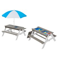 Set masuta de gradina si bancute pentru copii Ginger Home GriAlb 3in1 din lemn, Umbrela cu protectie UV si inaltime ajustabila, Masuta cu spatiu de depozitare - 8