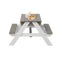 Set masuta de gradina si bancute pentru copii Ginger Home GriAlb 3in1 din lemn, Umbrela cu protectie UV si inaltime ajustabila, Masuta cu spatiu de depozitare - 9