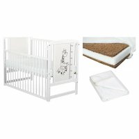Set patut Babyneeds Timmi Girafa, lemn, laterala culisanta, 120x60 cm, alb, cu saltea Cocos Confort II si protectie impermeabila - 1