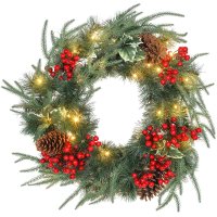 HOMCOM Ghirlandă de Crăciun de 60 cm cu LED-uri Albe, Decor Festiv cu Temporizator, 170 de Ramuri și Conuri de Pin, Verde - 1