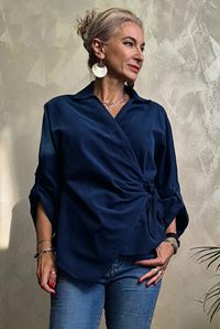 Bluza petrecuta din catifea de bumbac cu drapaj lateral, bleumarin - 1
