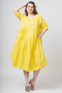 Rochie galbena oversized cu maneci scurte si volane asimetrice - 1