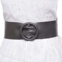 Curea gri din piele naturala cu latime de 7 cm, catarama rotunda imbracata in piele - 1
