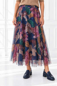 Fusta lunga din tulle cu imprimeu floral in nuante de bleumarin - 1