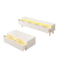 Set mobilier modern cu LED, comodă TV cu 4 uși și masă de cafea cu 2 sertare, Alb - 1