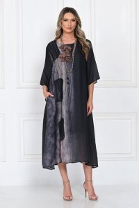 Rochie A-line eleganta din satin cu imprimeu abstract, negru-gri - 1