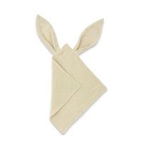 Jucarie senzoriala Qmini din muselina, cu urechi fosnitoare, 30 x 30 cm, Warm Beige - 1
