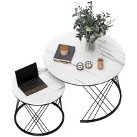 Set de 2 mese de cafea HOMCOM cu aspect marmură, plăci de particule și cadru metalic, rotunde și plasabile, Alb | Aosom Romania - 1
