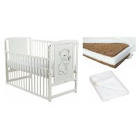 Set Patut din lemn bebe Babyneeds, Timmi cu laterala culisanta, 120x60 cm, Alb + Saltea patut bebe, Cocos Confort II, Cu fibre de cocos si strat de burete, 120x60x8 cm + Protectie impermeabila, Pentru patuturi 120x60 cm, Alb - 1